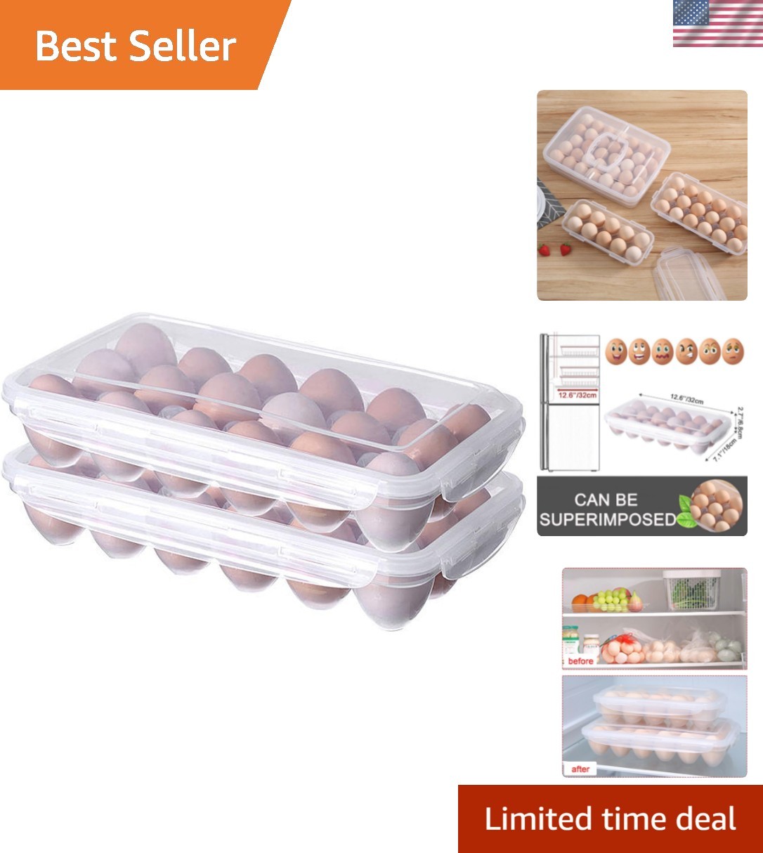 XBY- 2 Pack Covered Egg Holders For Refrigerator, Plastic Storage Container/ …