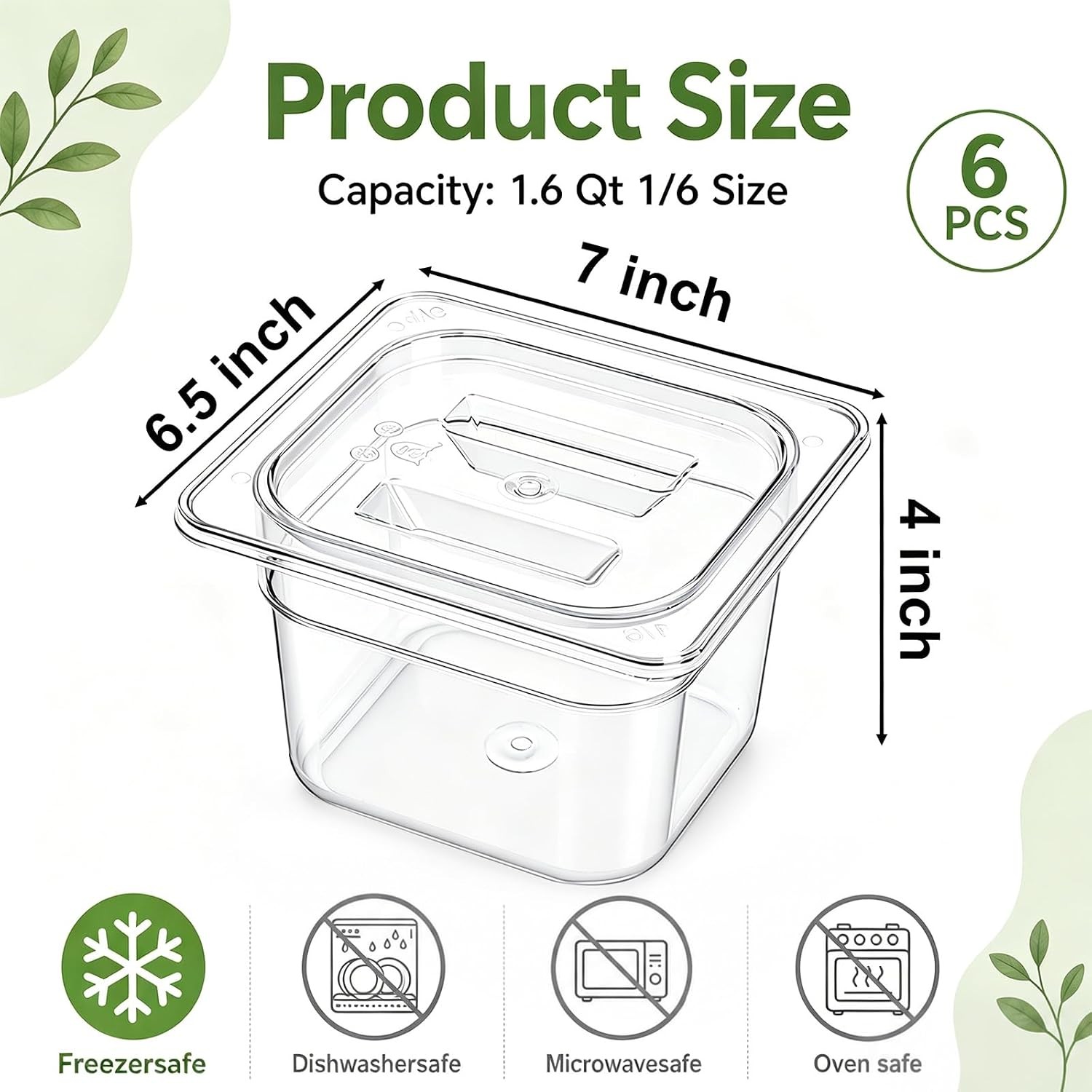 Bekith 6 Pack 1/6 Size Plastic Clear Food Pans with Lids for Kitchen Restaurant