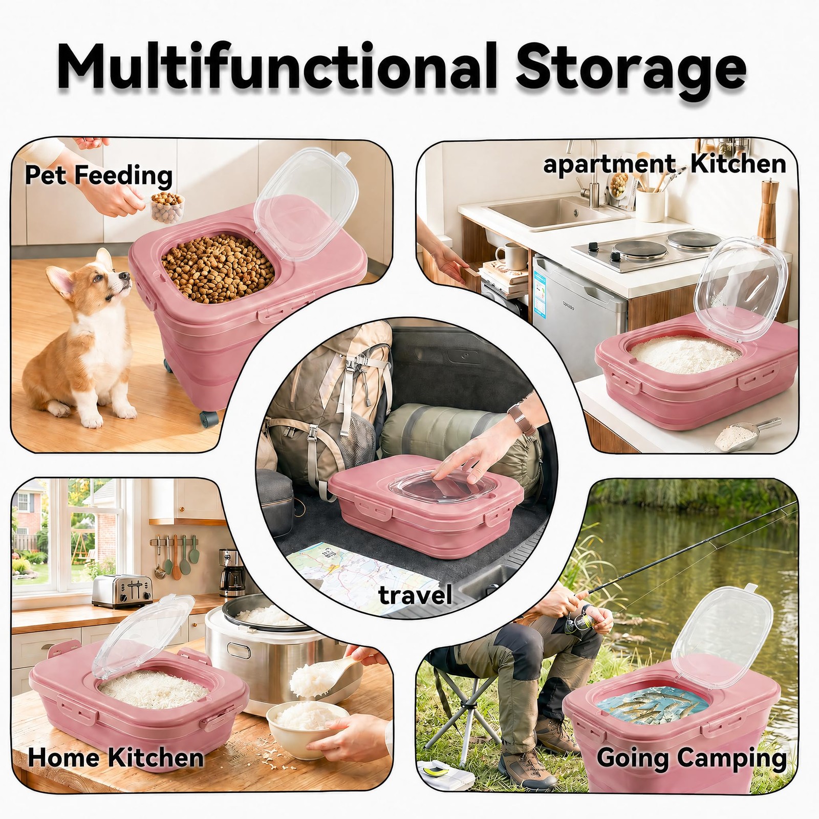 Rice Storage Container Collapsible 20-28 Lbs Food Large, Pink