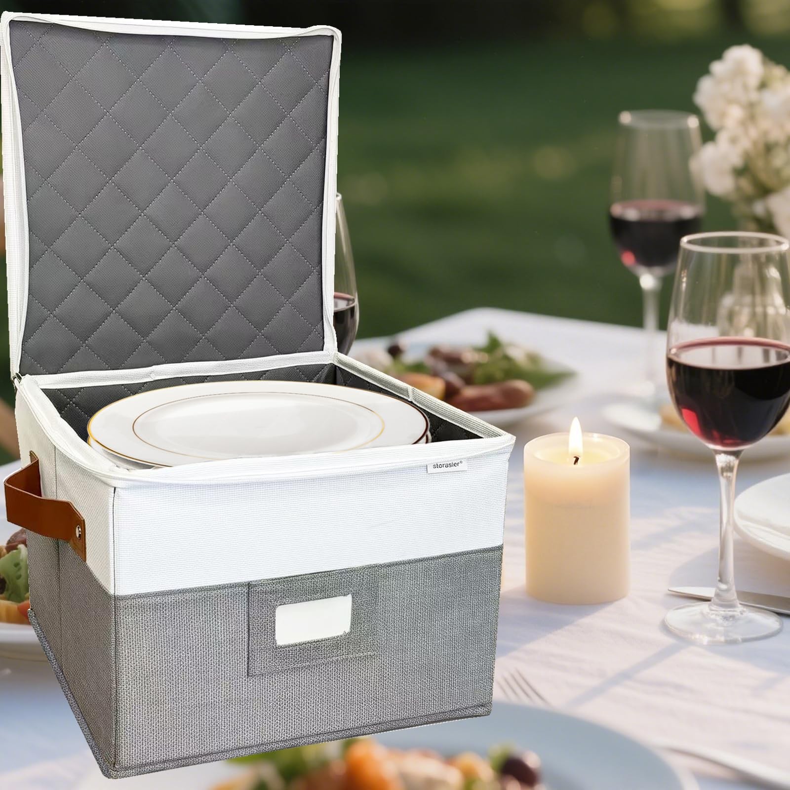 2 PCS 12x12x8 Inch Grey Quilted Dish China Plate Storage Container Stackable Lid