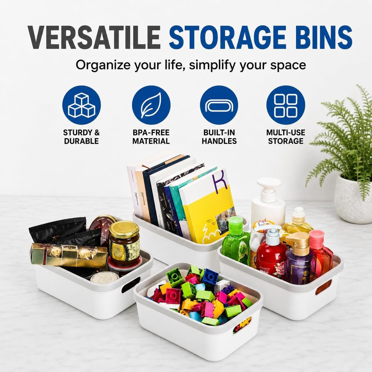 Set of 6 Plastic White Storage Bins with Handle 10″x 7″x 4″ Office Shelf Open