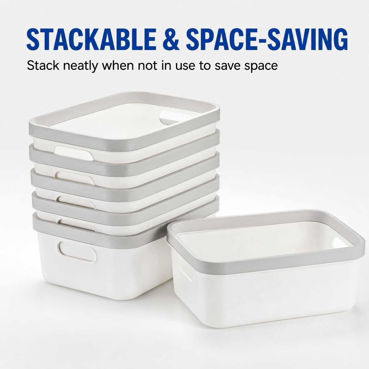 Set of 6 Plastic White Storage Bins with Handle 10″x 7″x 4″ Office Shelf Open