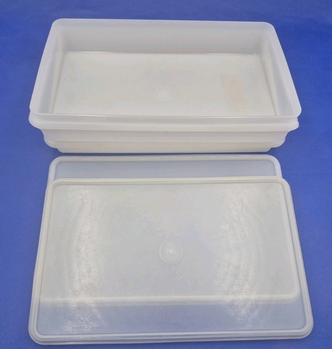 Two Vintage Tupperware White Rectangular Food Storage Containers with Lids 11×7″