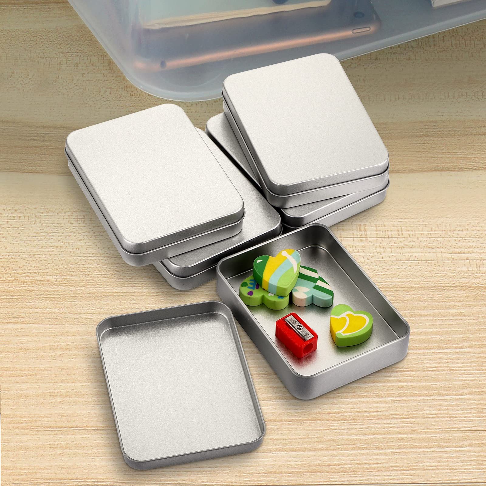 12 PCS Rectangular Storage Tins Box Lid Metal Silver Empty Container 4.5×3.14 In