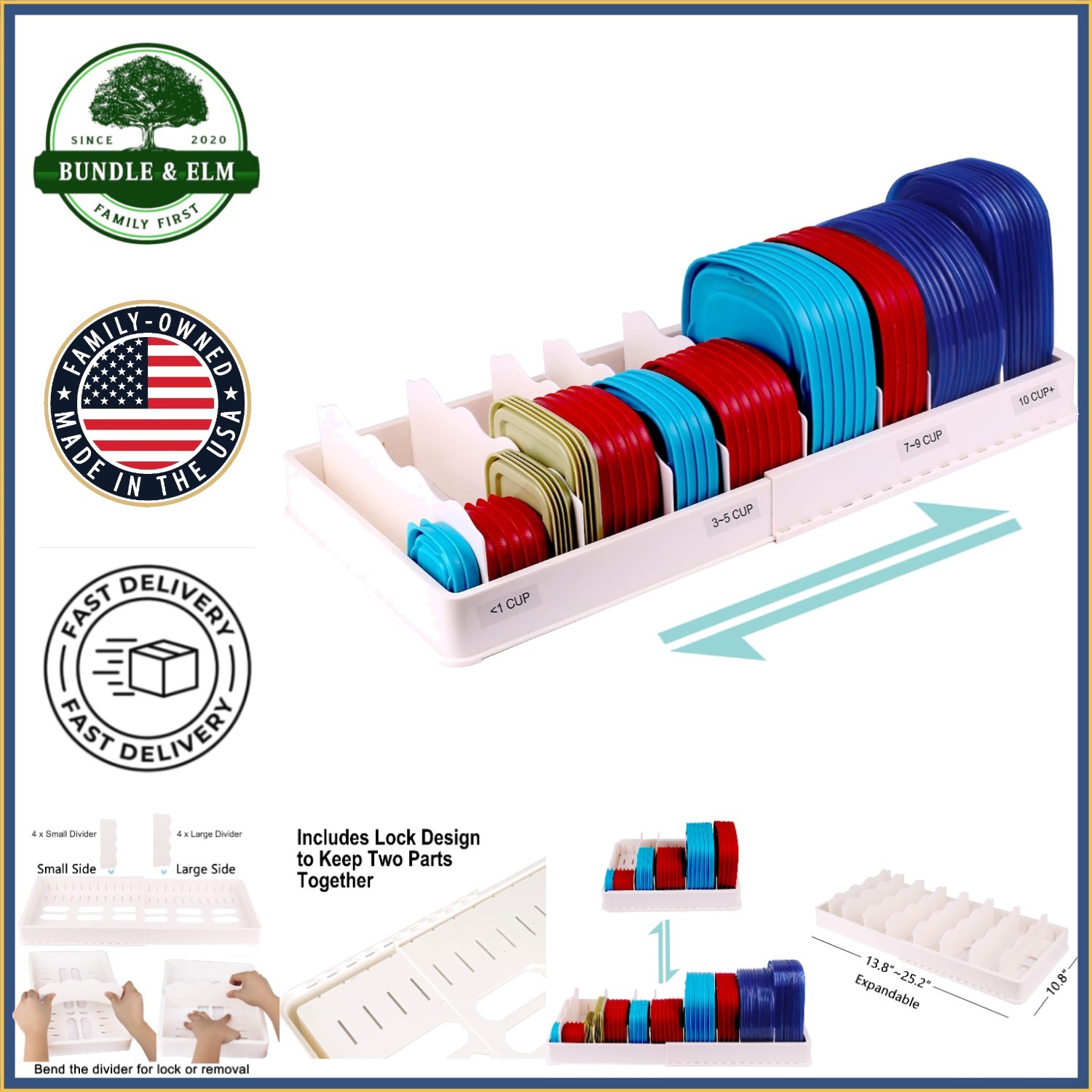 BPA Free Expandable Lid Organizer with Adjustable Compartments for Easy Storage