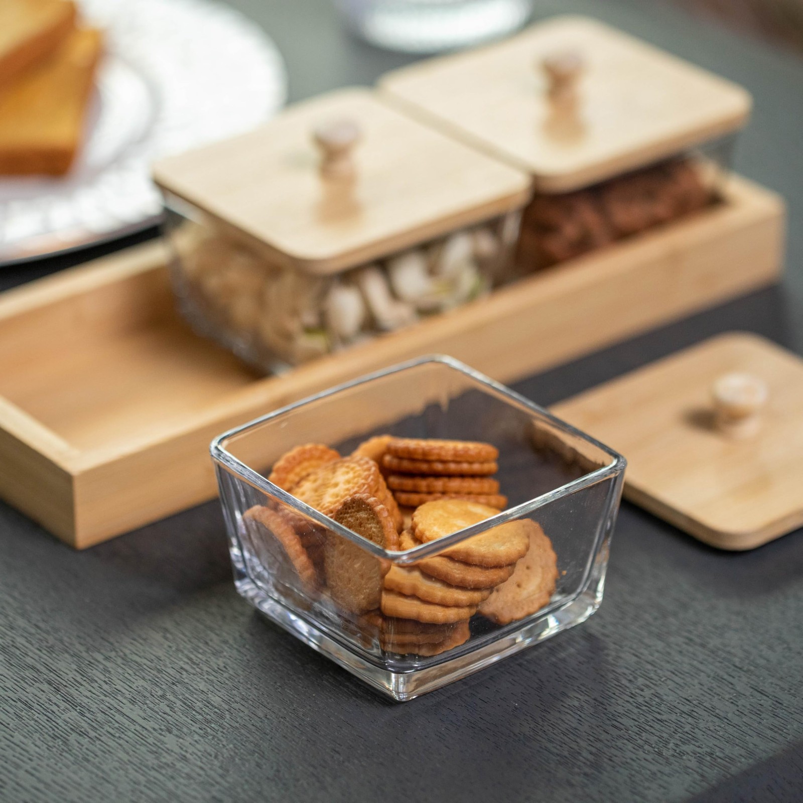 Set of 3 Square Glass Jars with Bamboo Lids and Wooden Tray – Rectangular Cha…