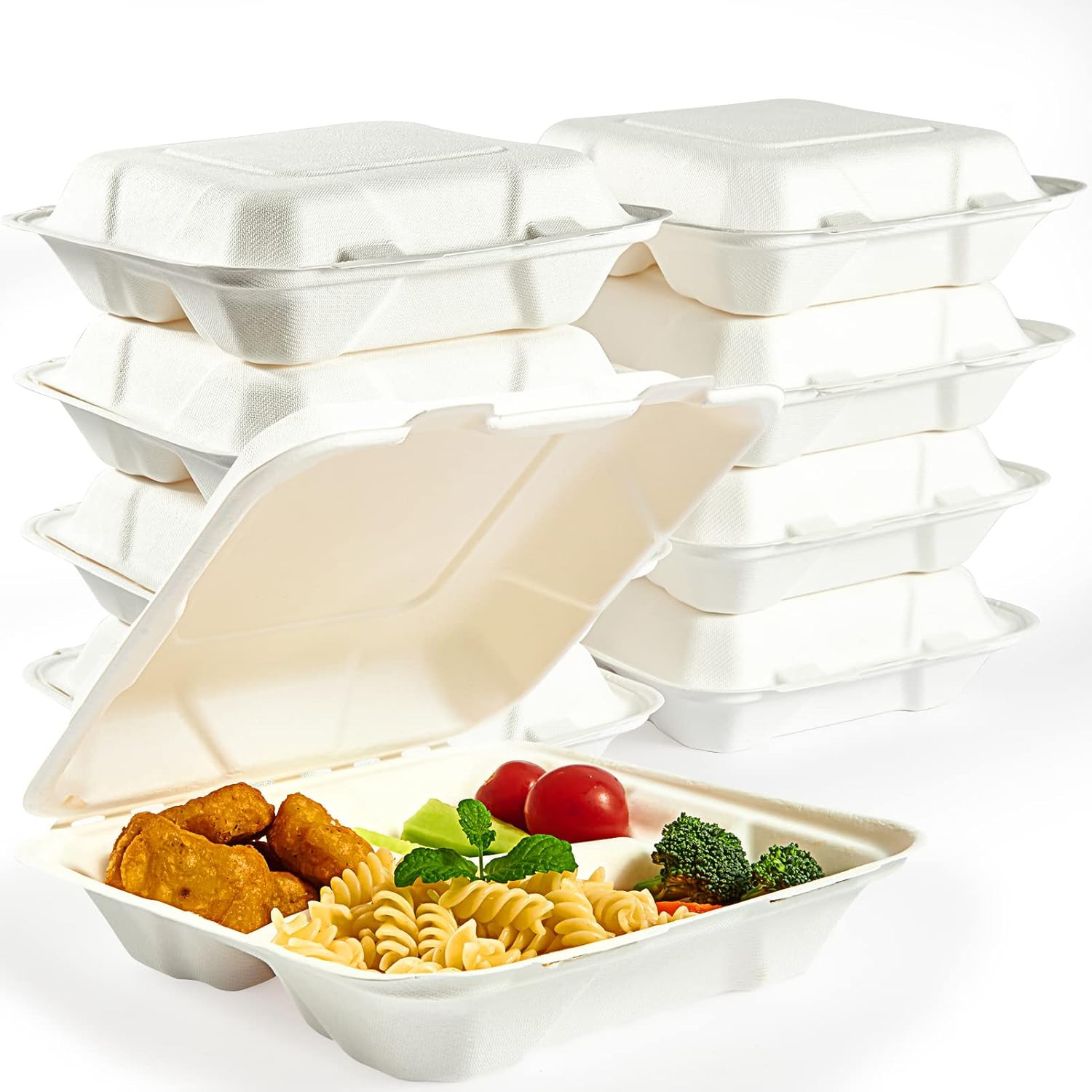 Vplus 100% Compostable Clamshell Take Out Food Containers, 90 PACK 8 Inch X 8 In