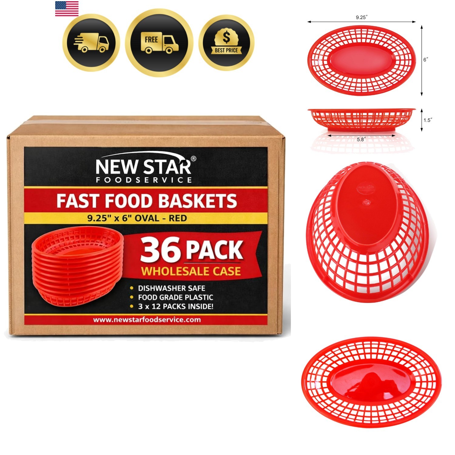 44171 Fast Food Baskets, 9 1/4-Inch x 6-Inch Oval, Set of 36, Red
