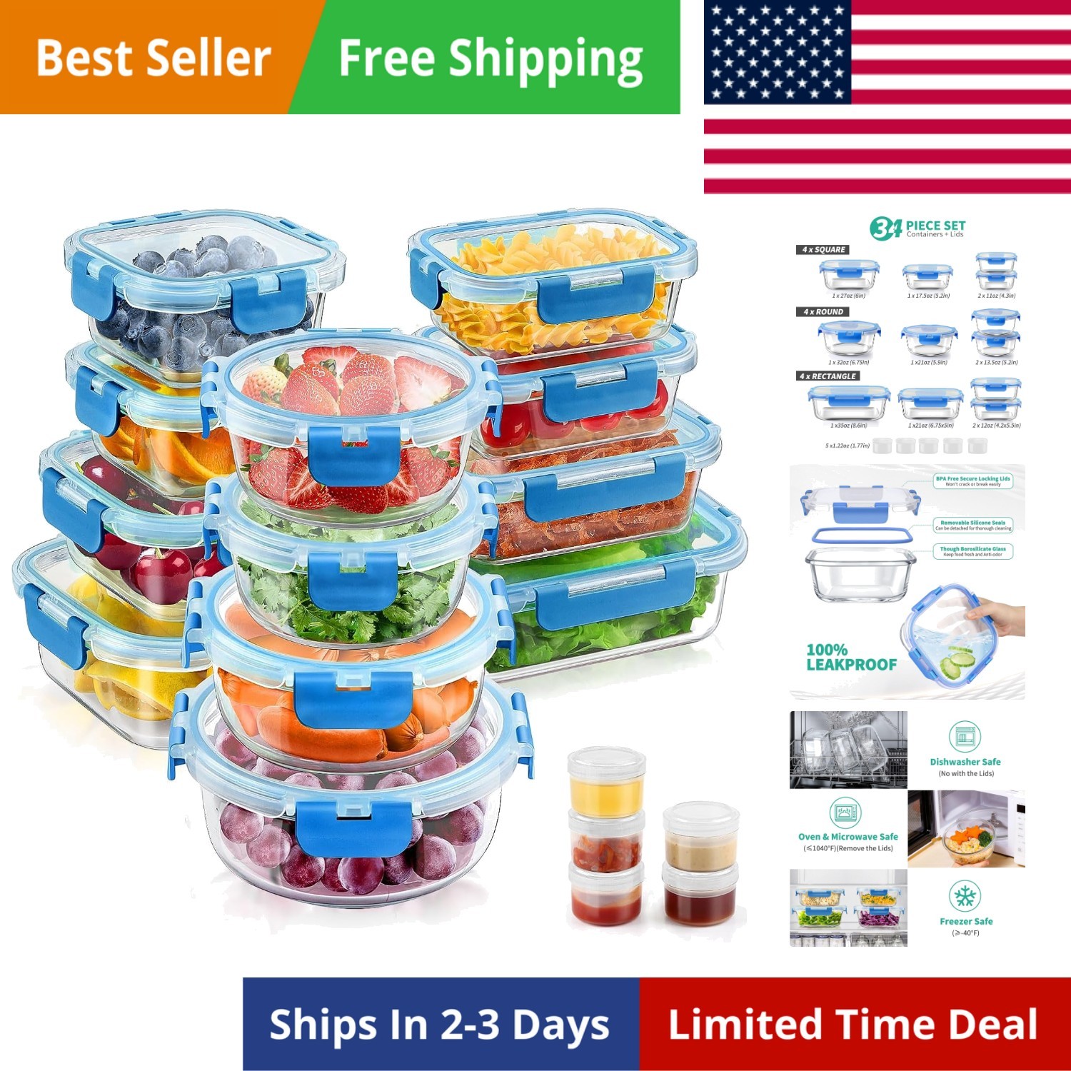 34pcs Glass Food Storage Containers with Lids Set, Airtight Glass Meal Prep C…