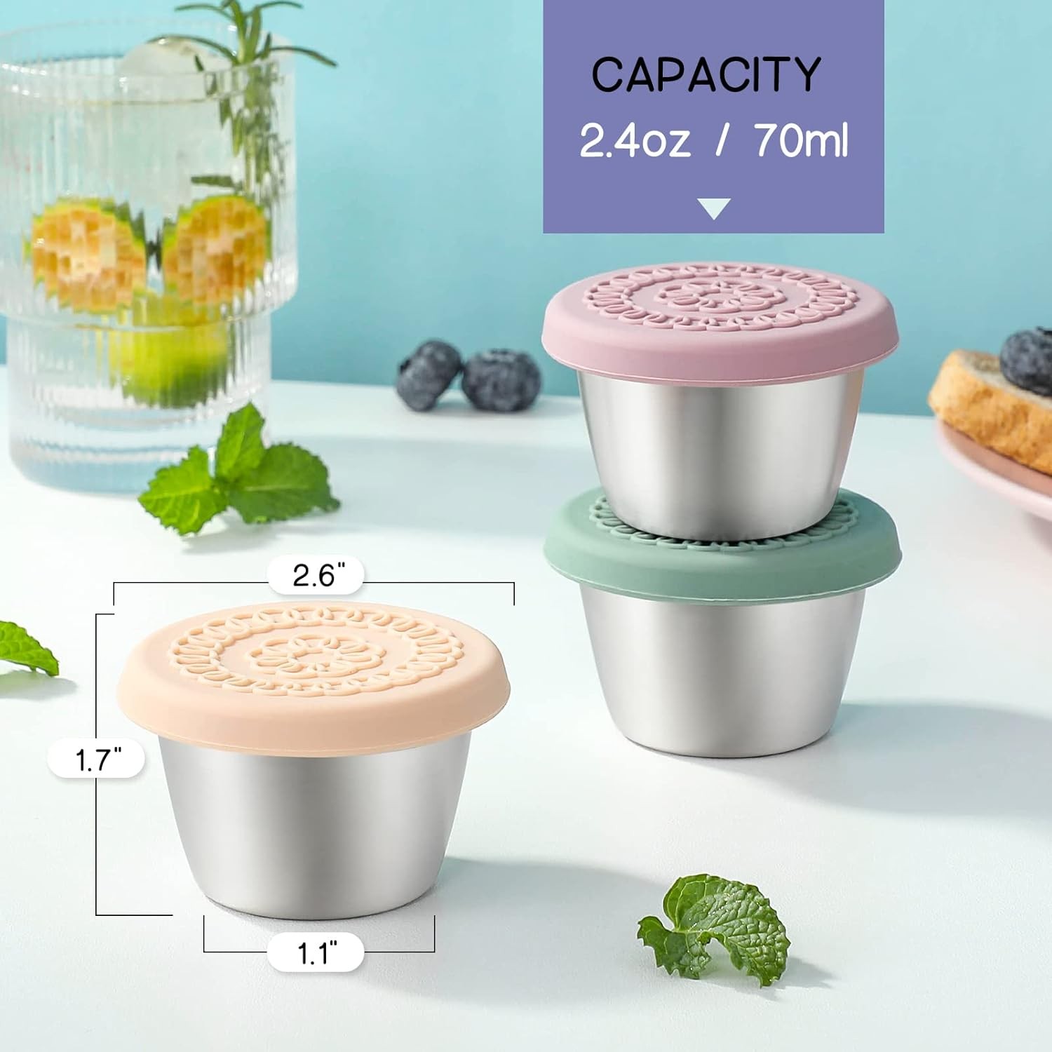[8 Pack] Salad Dressing Container To Go, 2.4oz Small Condiment Containers with L
