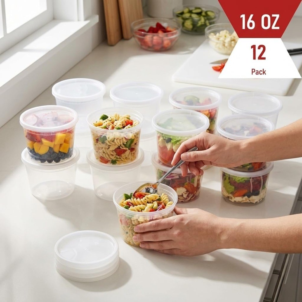 16 oz Clear Deli Containers with Lids, 12-Pack, Airtight Reusable Plastic Food