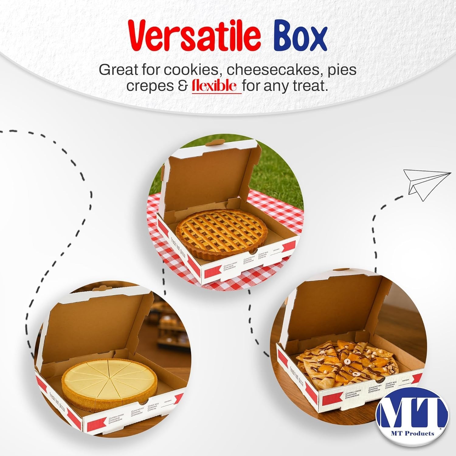 MT Products White and Red B-Flute Pizza Boxes 18″ x 18″ x 2″ – Pack of 50