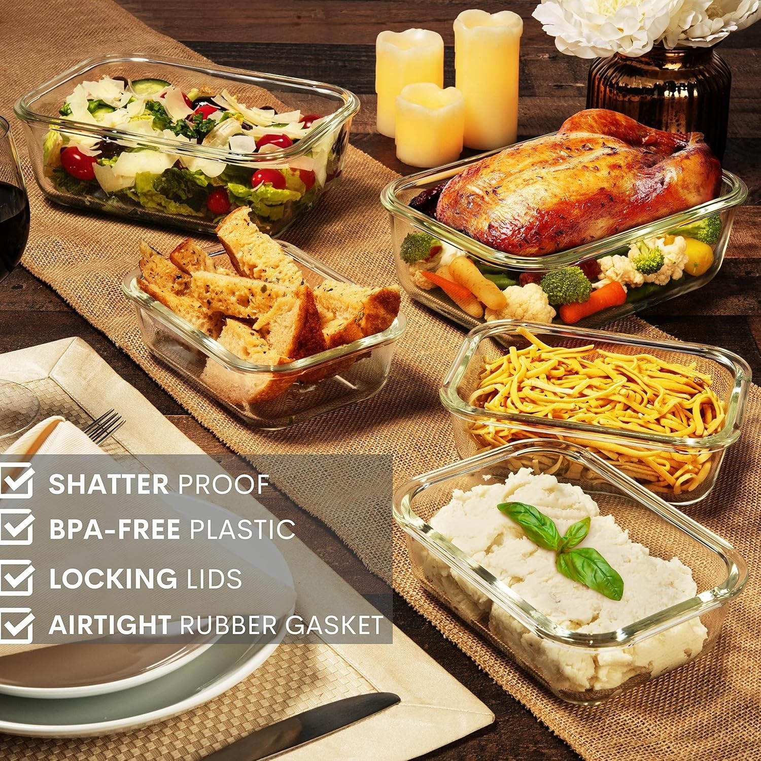 Clear 8 Cup Glass Containers with Locking Lids – Ideal for Meal Prep & Baking