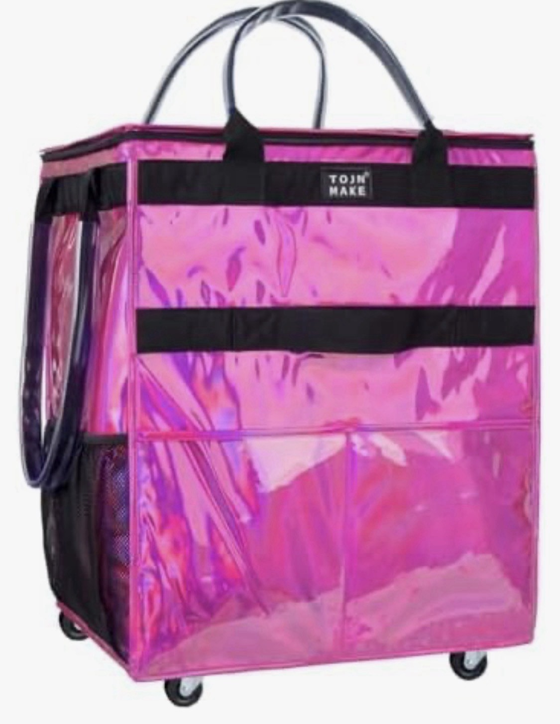 Reusable Shopping Trolley Bag w/ Wheels, Pockets, Zipper Cover, Glitter Pink