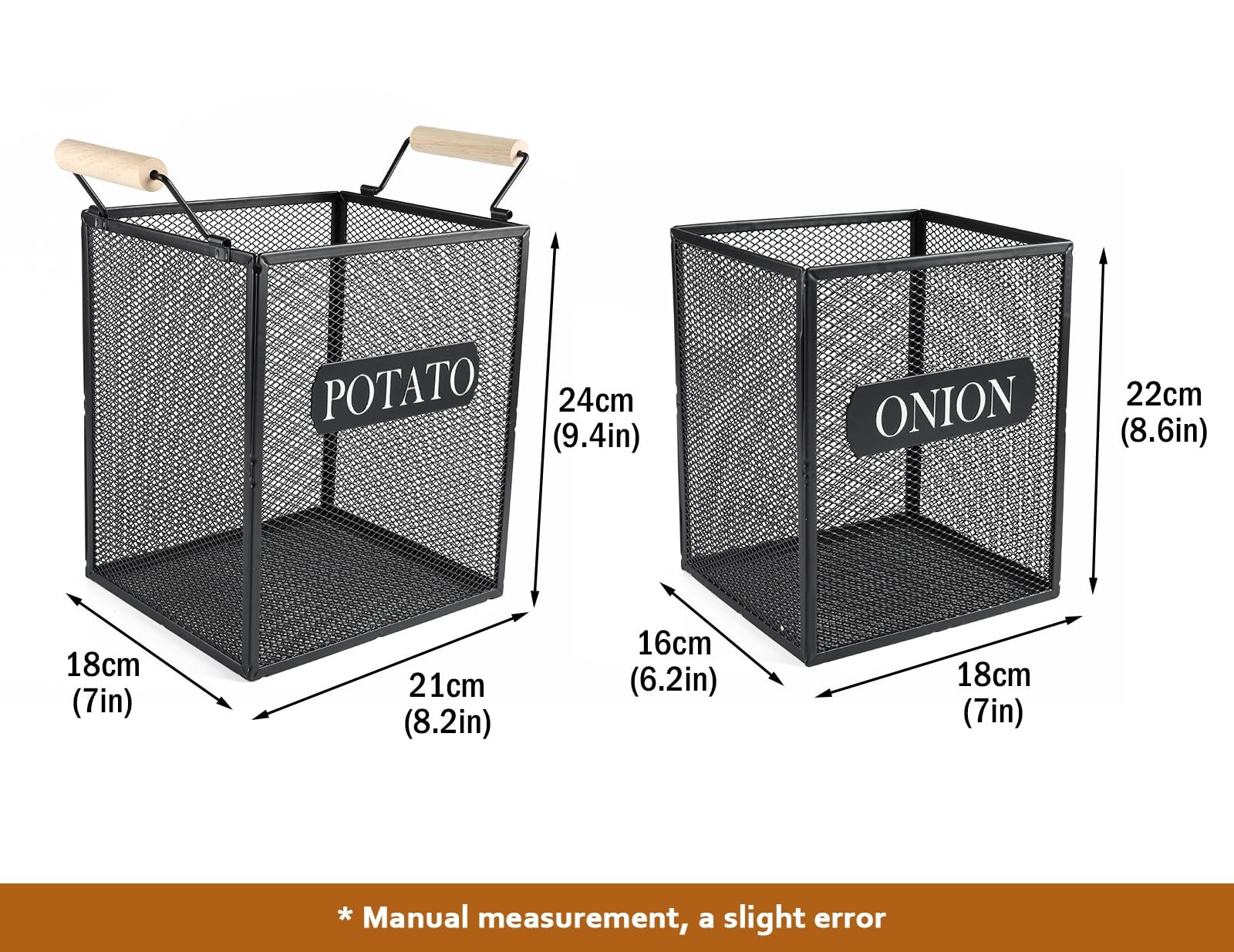 2 Set Potato Onion Storage Bin Metal Mesh Baskets Wooden Handle Pantry