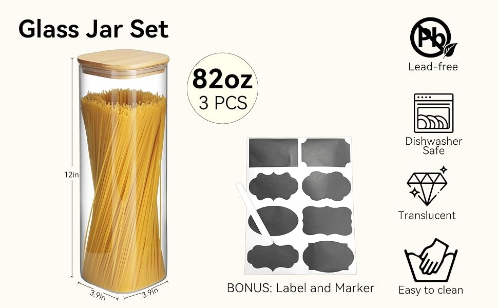 Glass Spaghetti Pasta Storage Container – 3 Pack 2.5 QT Airtight Food Storage