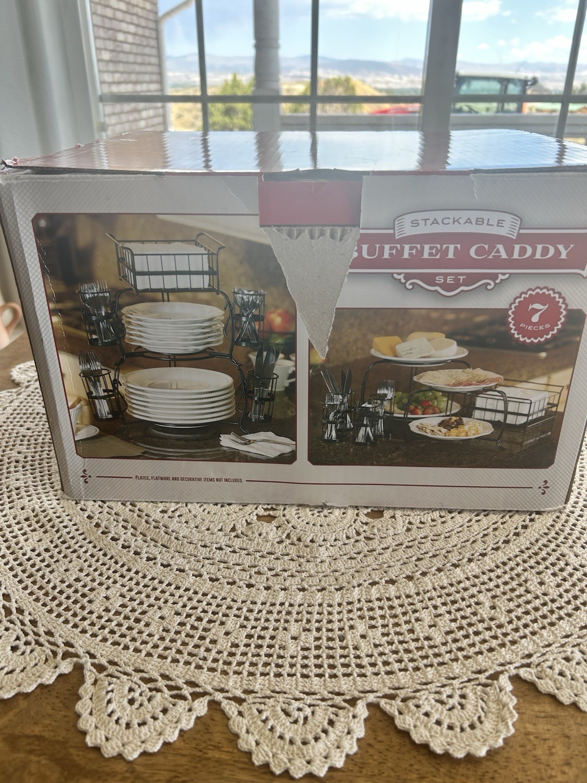 NEW Buffet Caddy 7 Piece Set Plate Napkin & Silverware Holder Carbon Steel