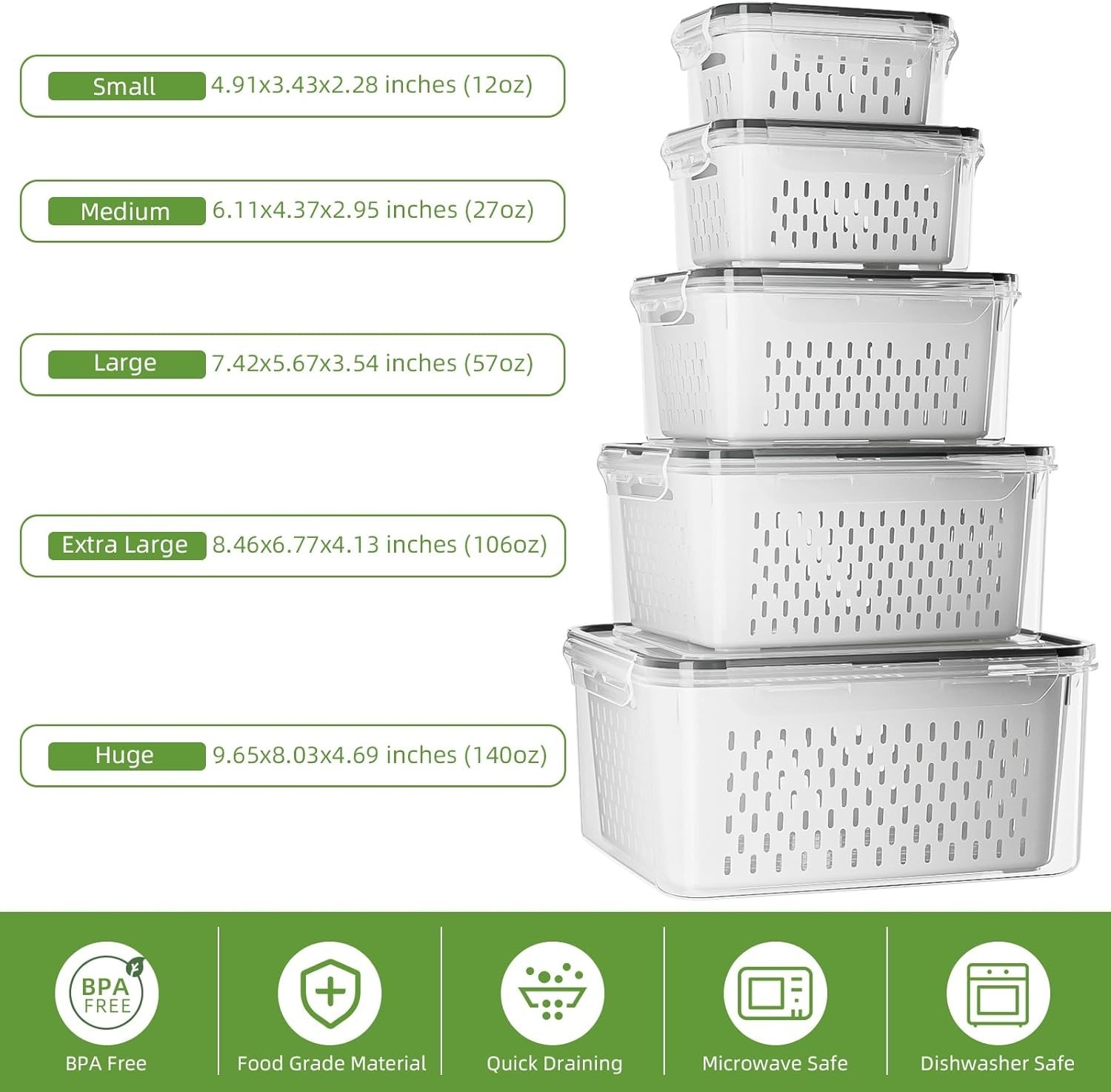 5 Pack Fruit Storage Containers for Fridge with Removable Colanders
