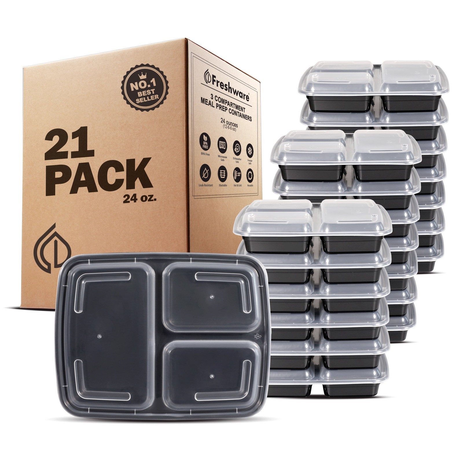 Meal Prep Containers 3 Compartments W/ Lids Set of 21