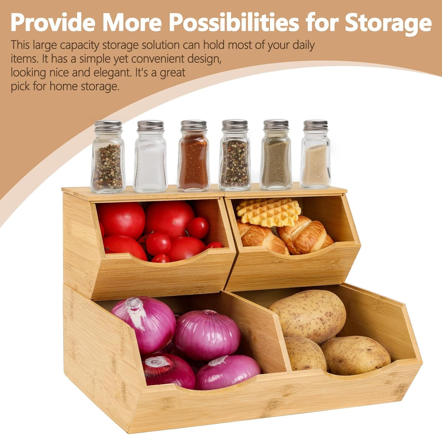 Bamboo Pantry Storage Bins with Lid – Stackable Kitchen Baskets, 3-Piece Set