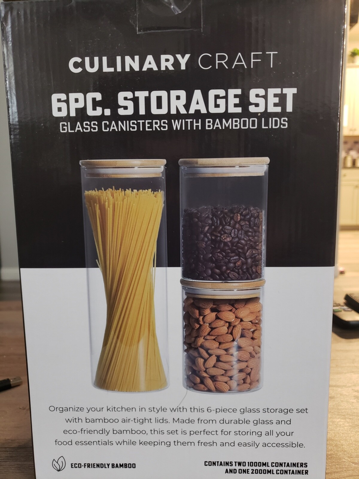 NEW NIB Glass Canisters & Bamboo Lids 6 Pc Storage Set CULINARY CRAFT