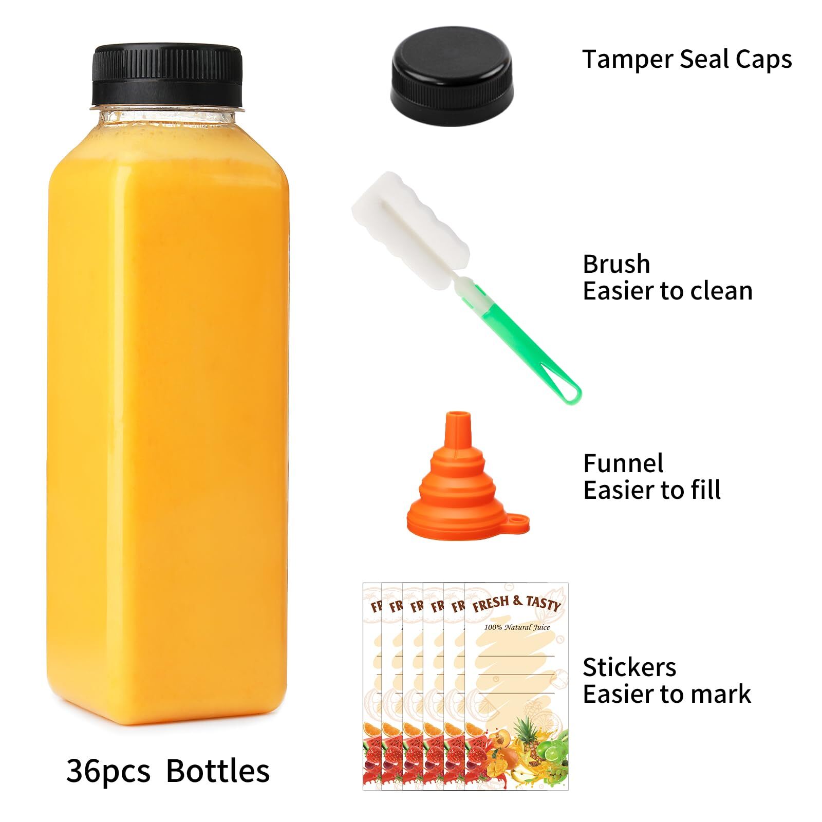 36pcs 16oz Empty Plastic Juice Bottles With Caps Reusable Clear Bulk Beverage Co