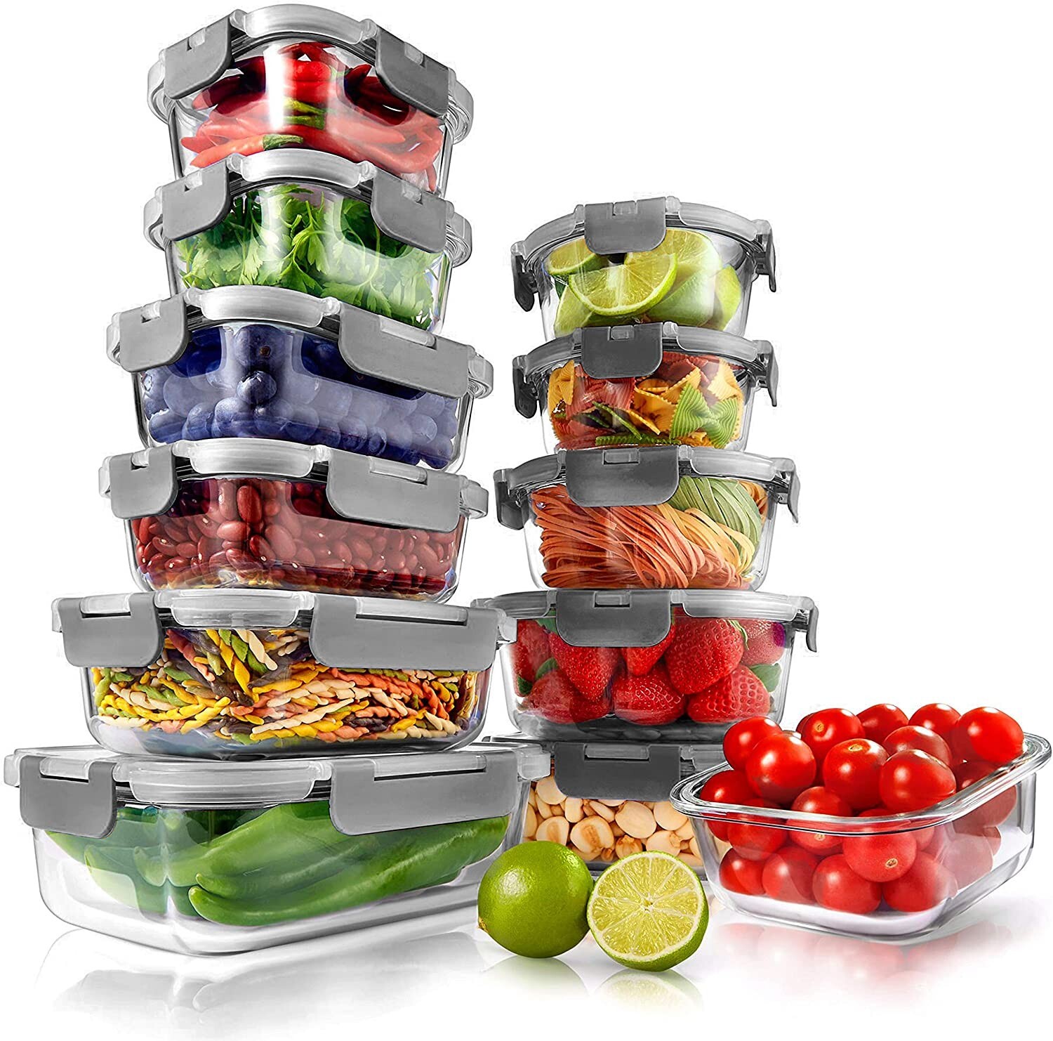 24 Piece Glass Food Storage Containers w/Airtight Lids Microwave-Colors May Vary