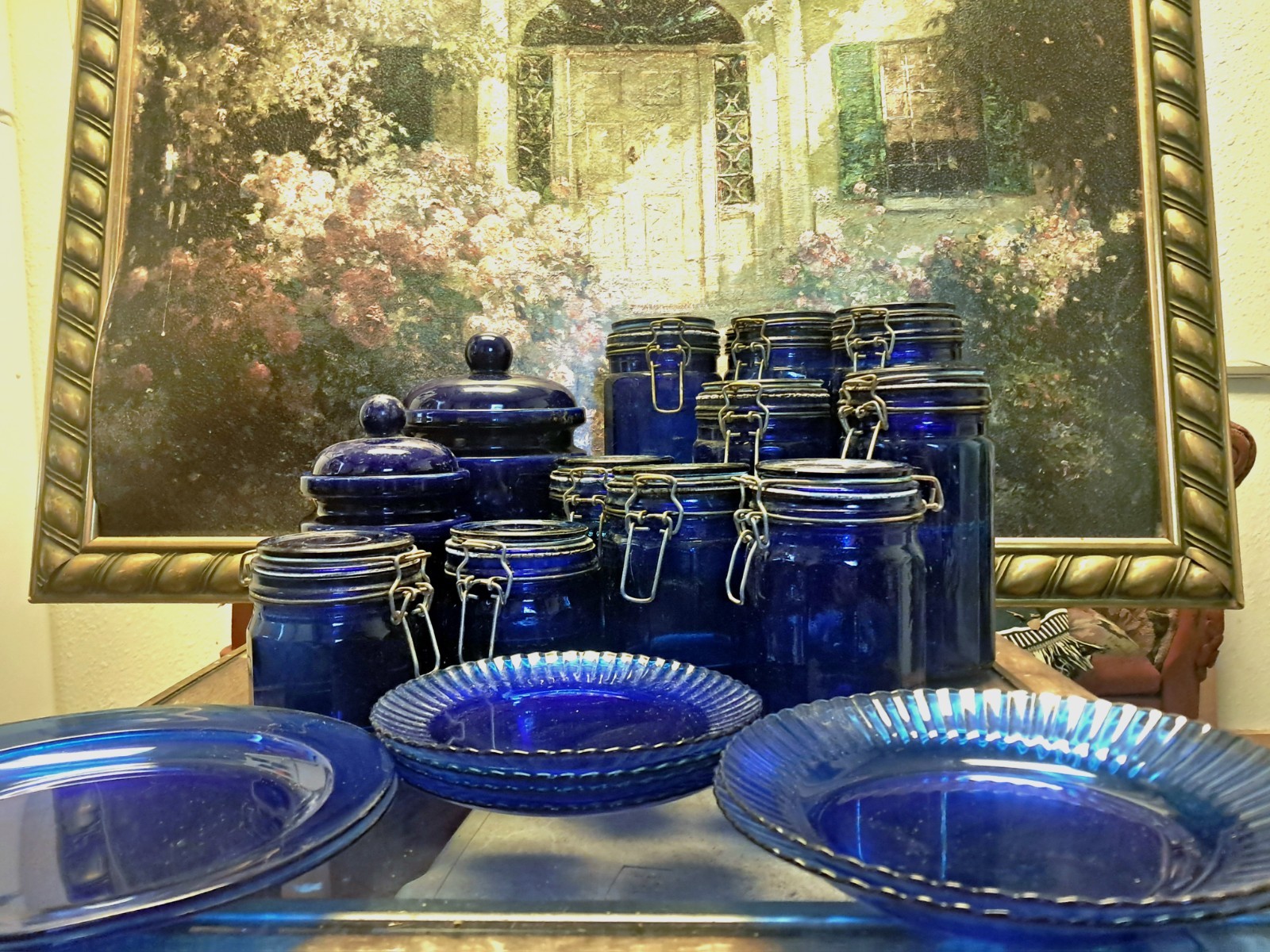 Vintage Cobalt Blue Glass Canisters Rubber Seal Metal Bale Locking Lid Set