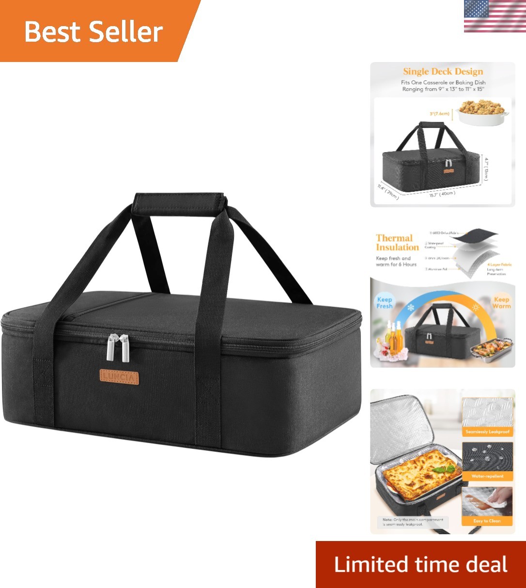 Versatile Black Thermal Lunch Bag – Insulated Casserole Carrier for Potlucks