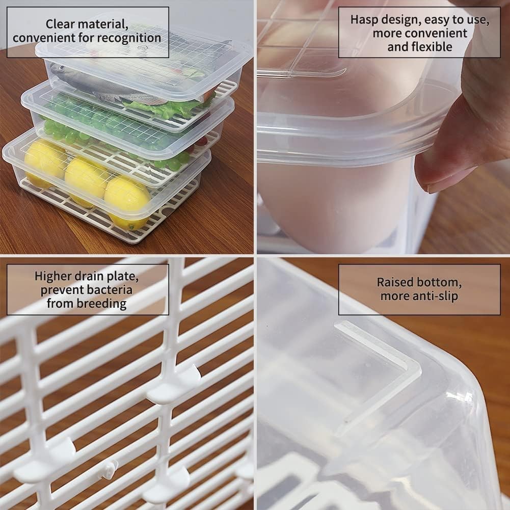 Food Storage Container 3-Pack Plastic Food Containers W/ Removable Drain Plate