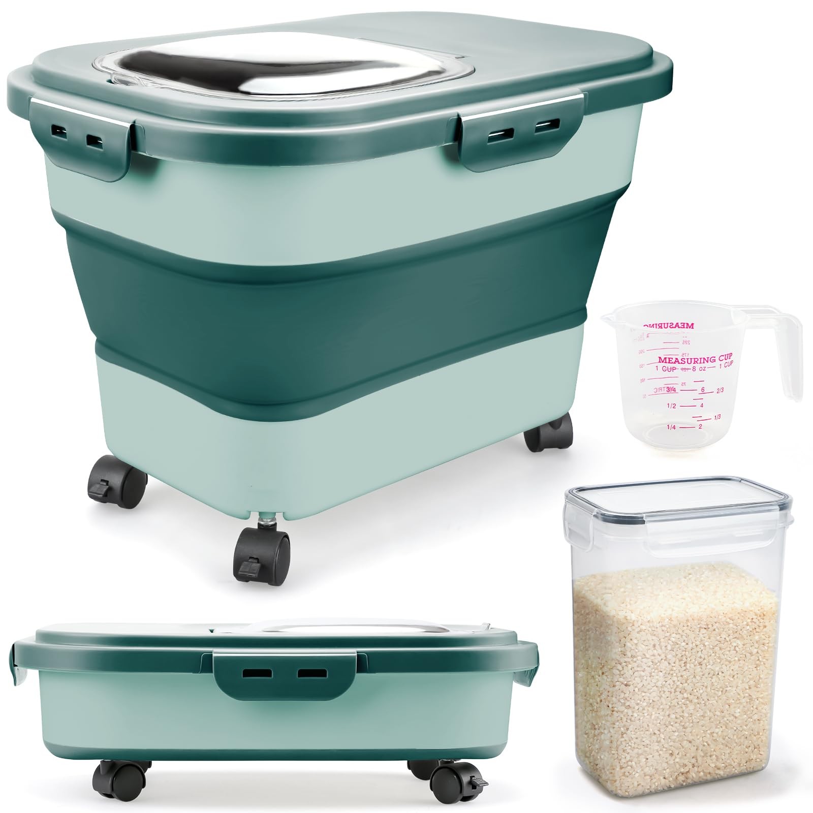 Rice Storage Containers, Collapsible 20 to 30Lbs Food Storage Bin Dispenser with