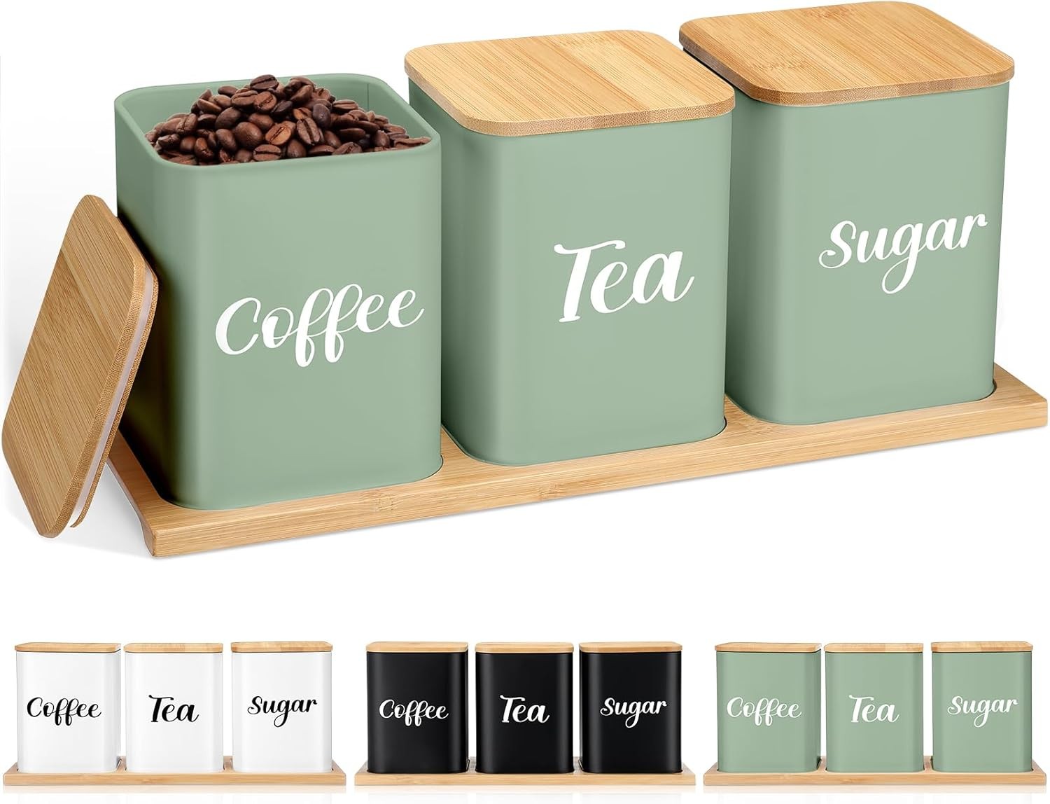 Coffee Tea Sugar Container with Tray Set of 3 Airtight Metal Canister with