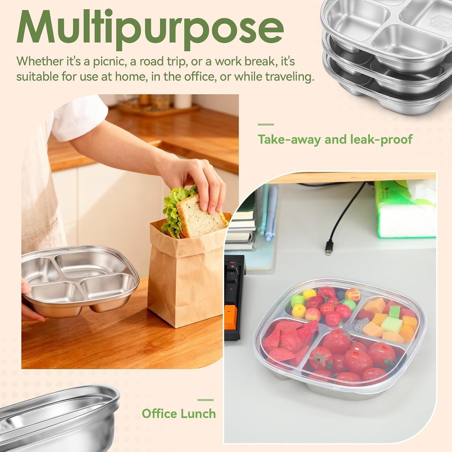 Dishwasher Safe 6-Pack Stainless Steel Lunch Box with 4 Compartments for Snacks