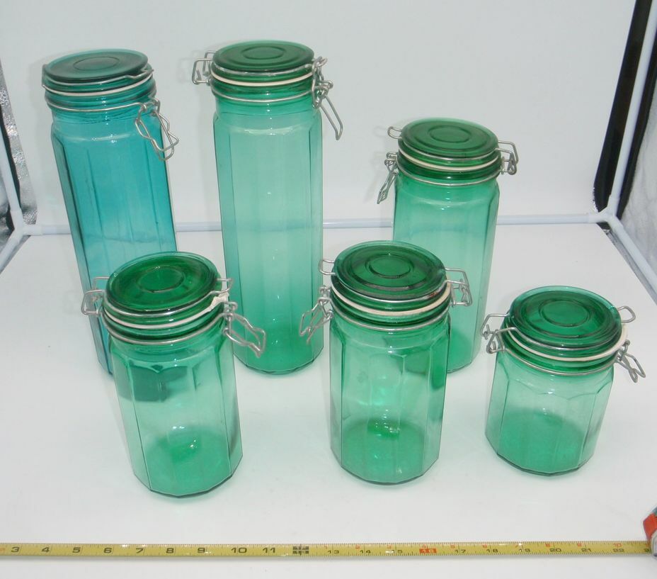 Lot Of 6 Green Glass Sealable Storage Containers