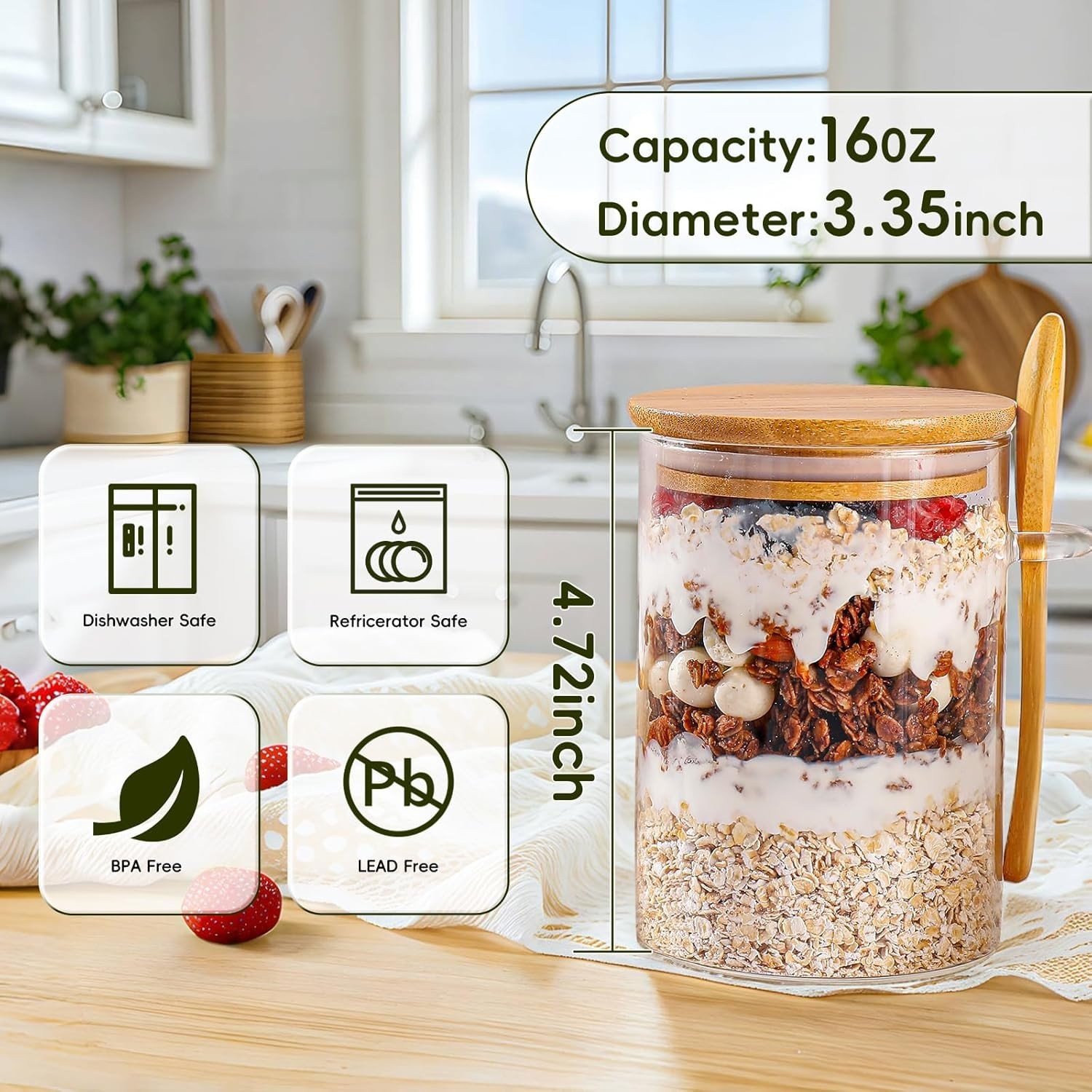 Overnight Oats Containers with Lids,16oz Overnight Oats Jars 4 Pack, Oatmeal …