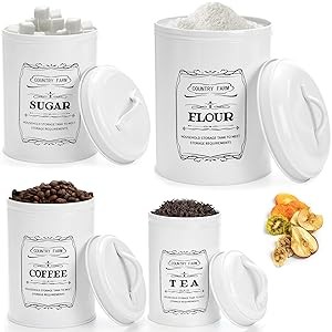 Set of 4 Kitchen Canisters with Airtight Lids, Coffee Tea Sugar Flour Tin Jars