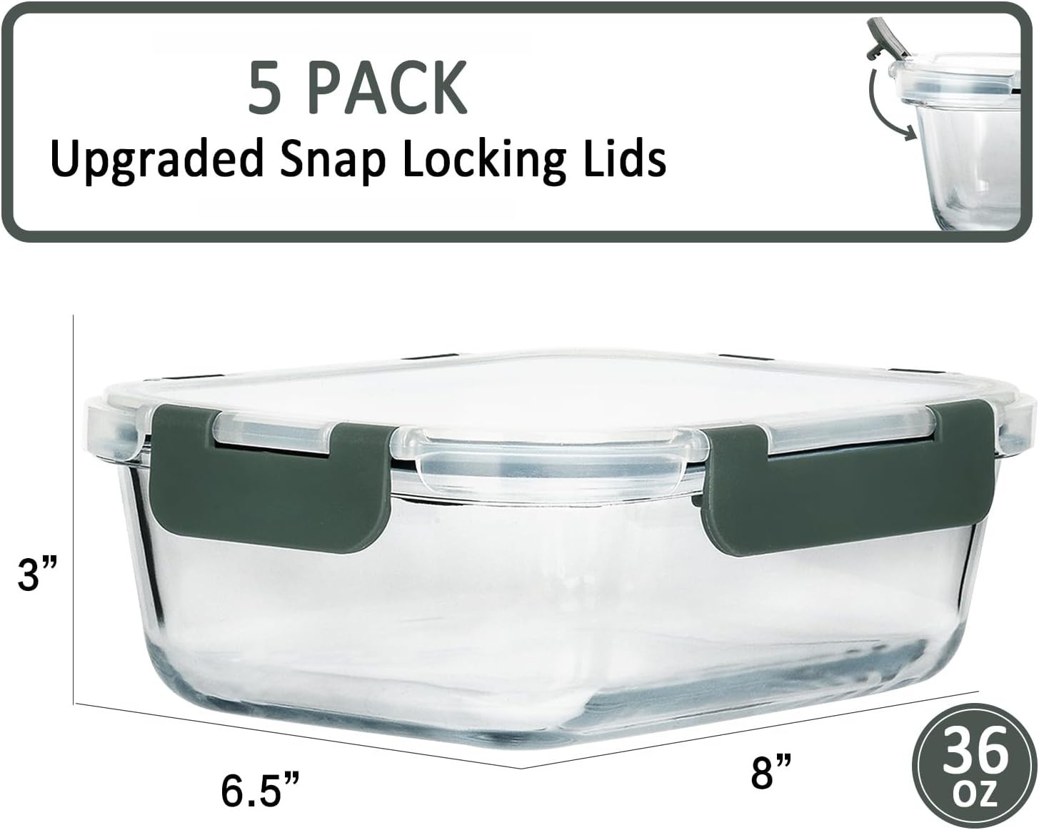 [5-Packs 36 Oz Glass Meal Prep Containers W/ Snap Locking Lids Glass Food