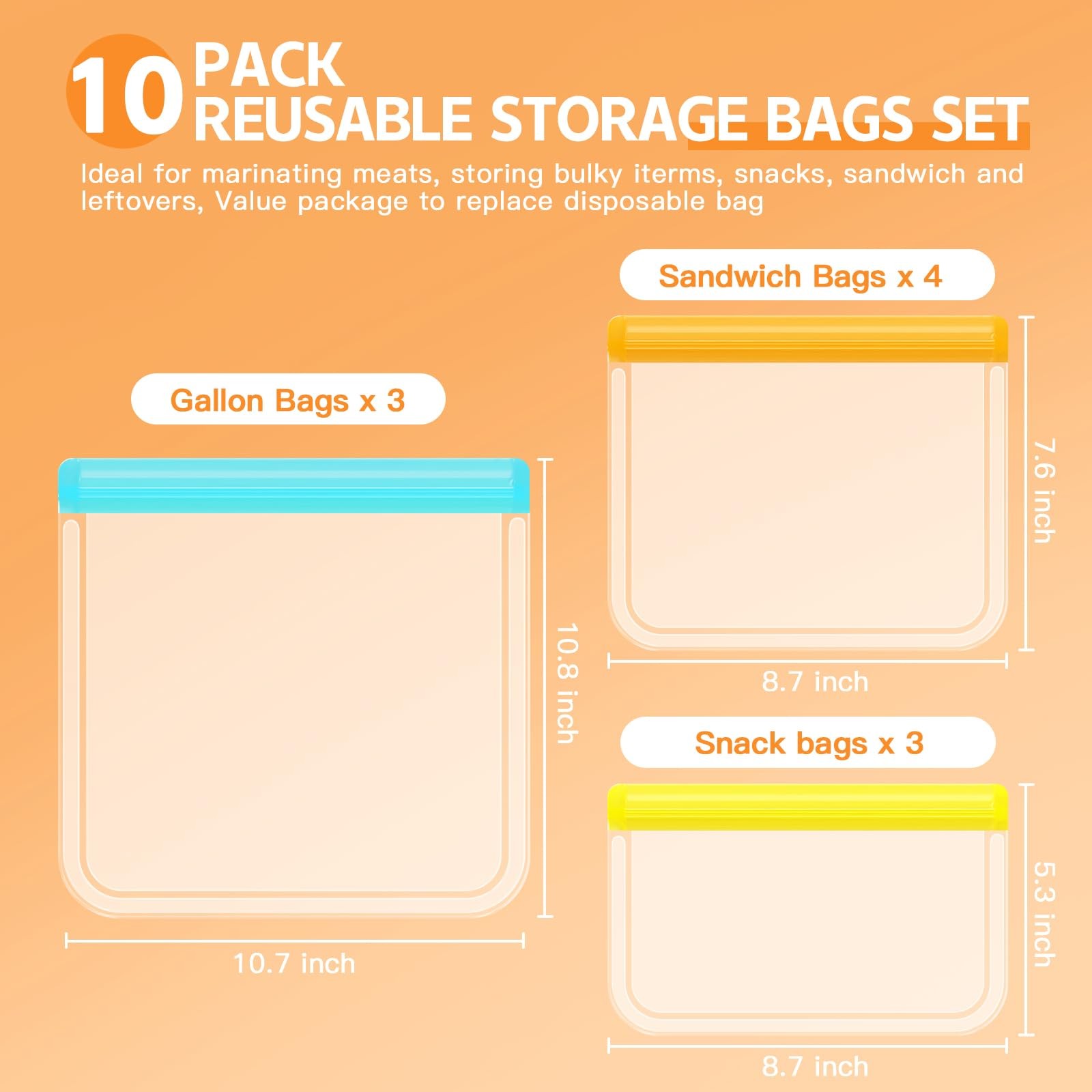 10 Pack Reusable Ziplock Bags Silicone Leakproof Reusable Freezer Bags Bpa Free