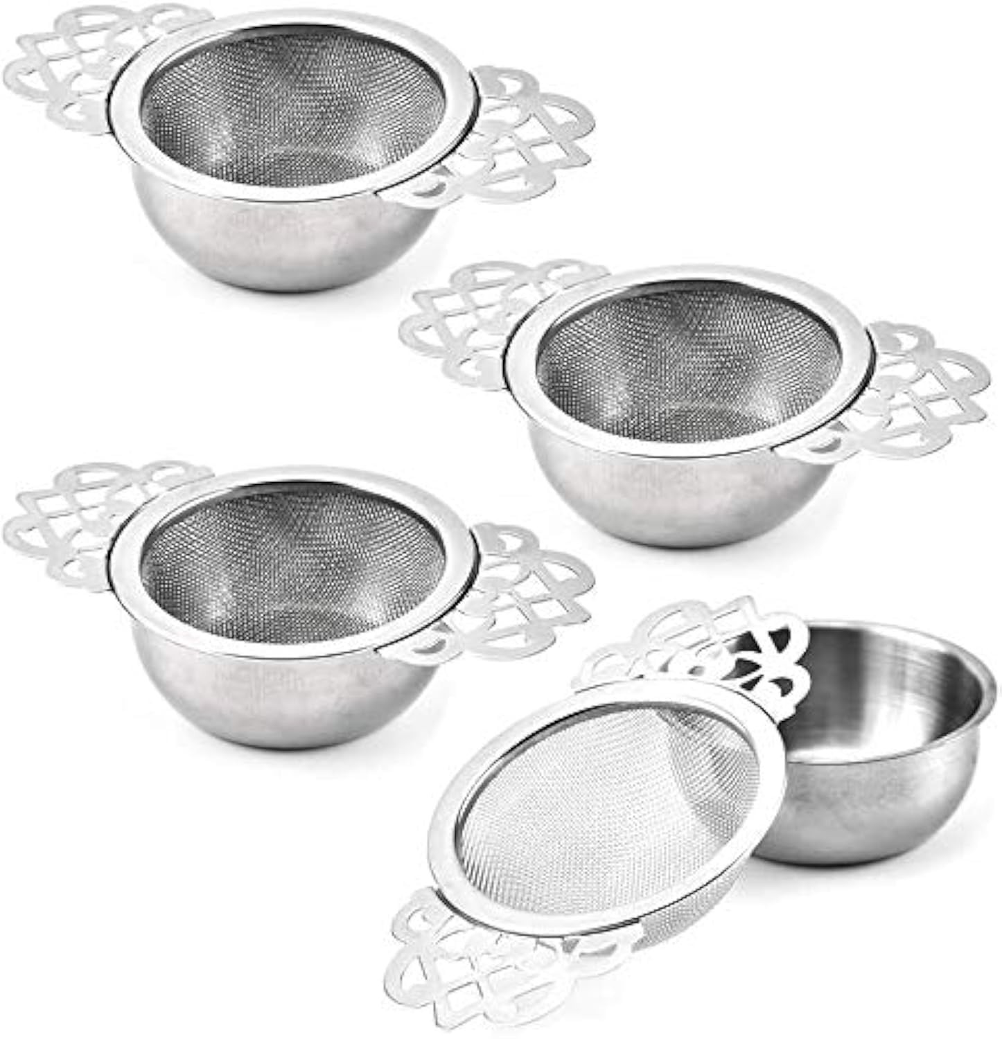 Vankcp 4 Set Tea Strainers with Drip Bowls, Loose Leaf Silver