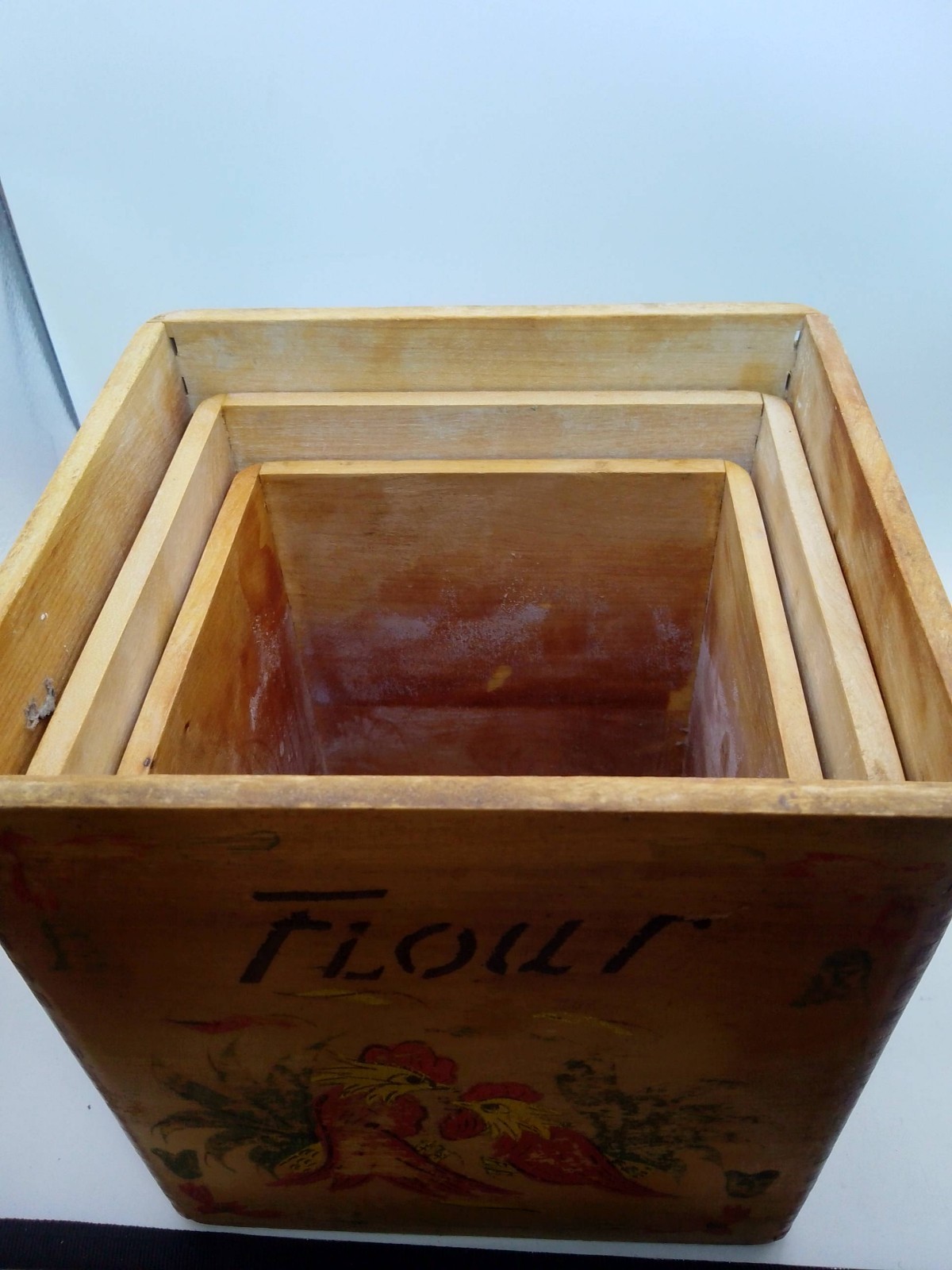 Vintage MCM Wooden Rooster Nesting Kitchen Canister Set Flour Sugar Coffee Japan