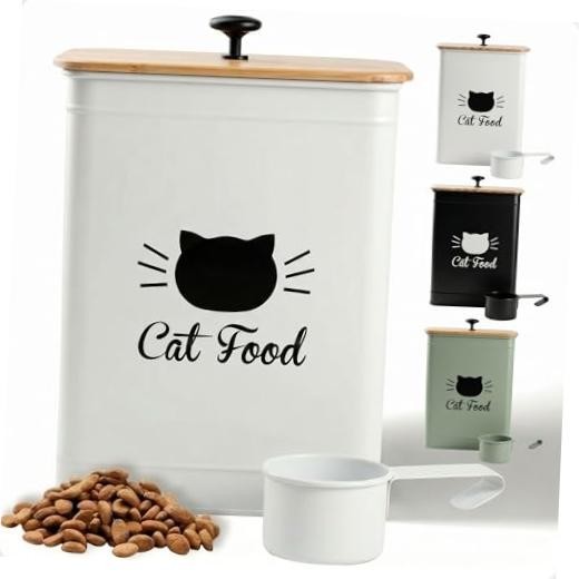 Cat Food Storage Container with Scoop – 5-7 lb (25 Cup) Capacity Metal White