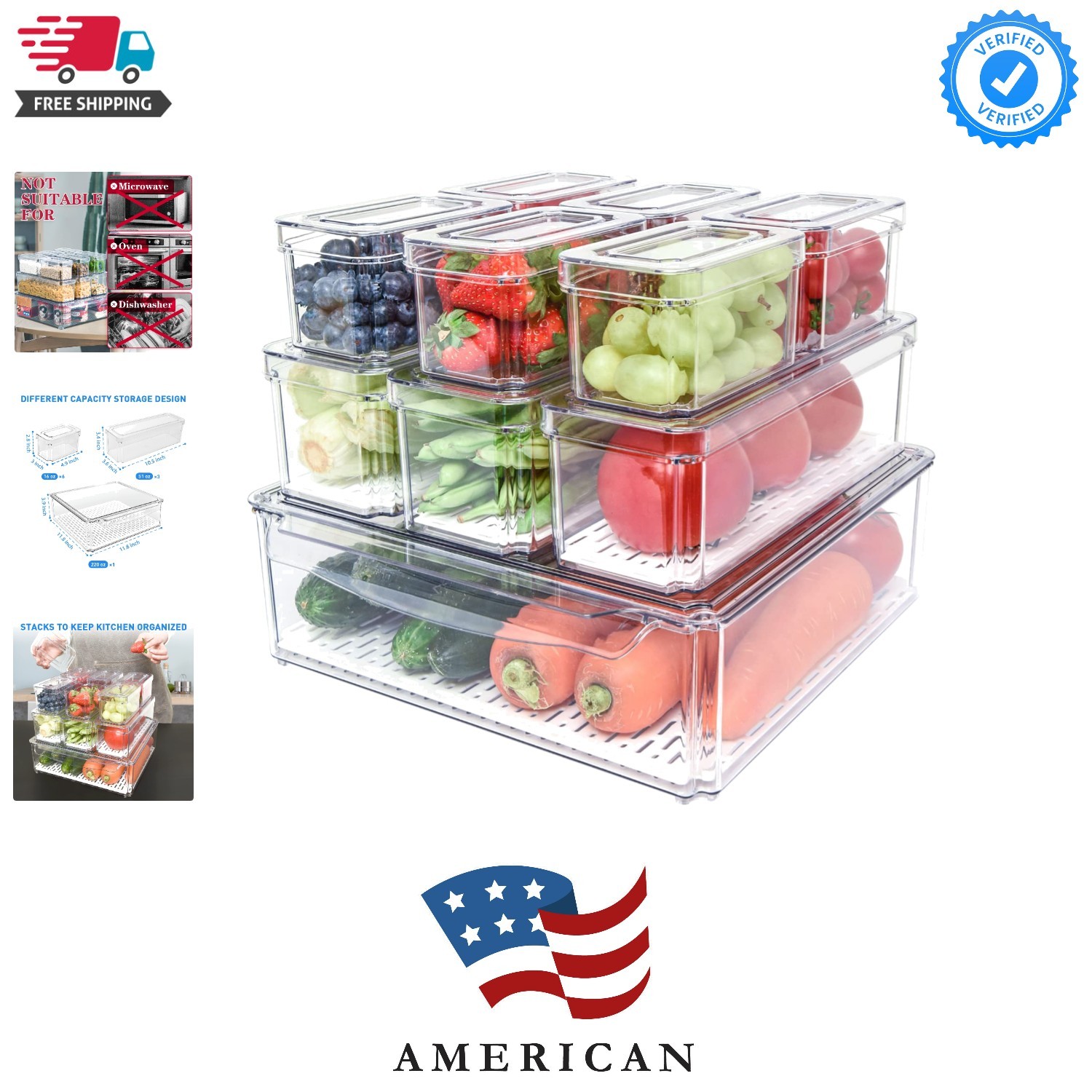 10 Pack Fridge Organizer, Stackable Refrigerator Organizer Bins with Lids, Pr…