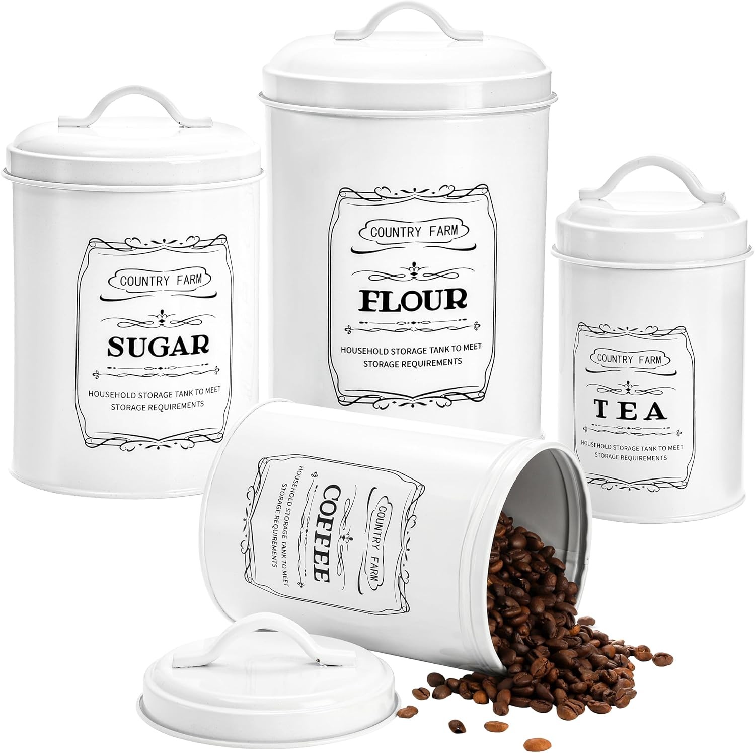 Set of 4 Kitchen Canisters with Airtight Lids, Coffee Tea Sugar Flour Tin Jars