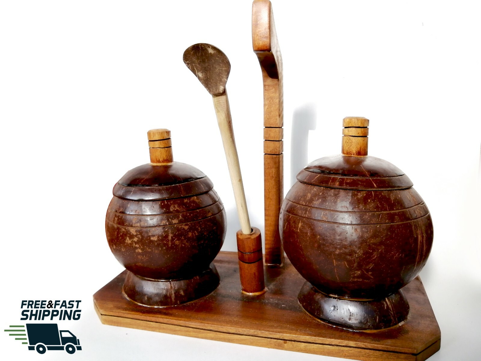 Eco friendly Organic, Handmade Coconut Shell Salt Container & Spoon Natural