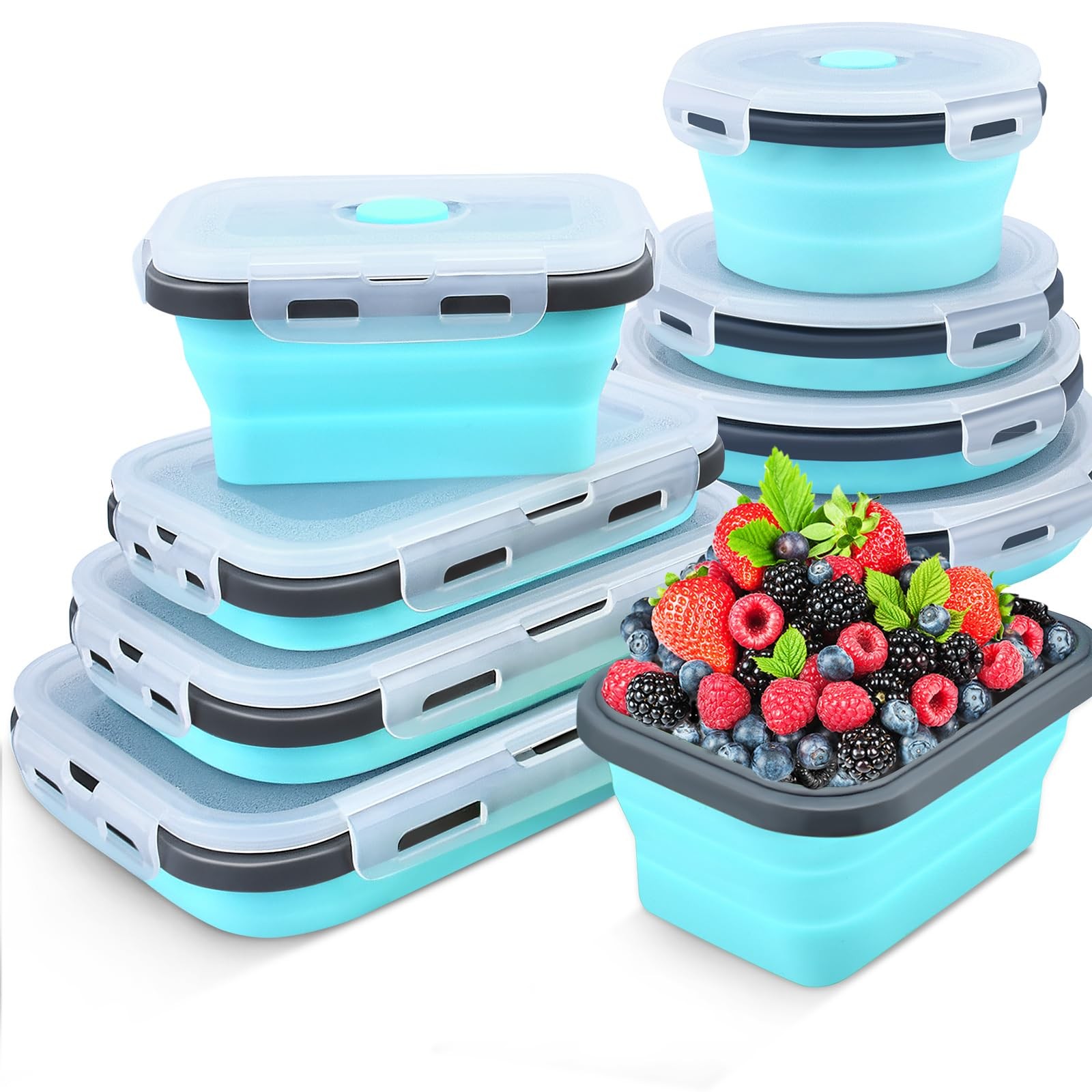8 Pack Collapsible Food Storage Containers with Lid & Air Vent, 4 Rectangular…