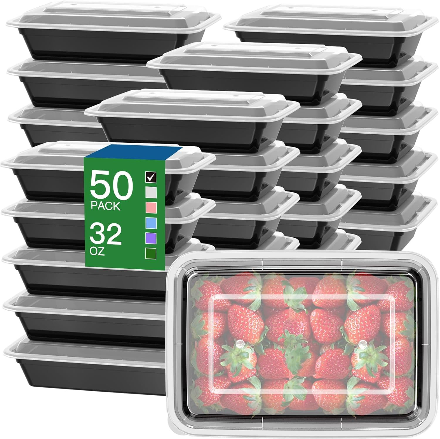 50 Pack (100-Piece) 32 Oz Meal Prep Containers Reusable with Easy Open Lids, Stu