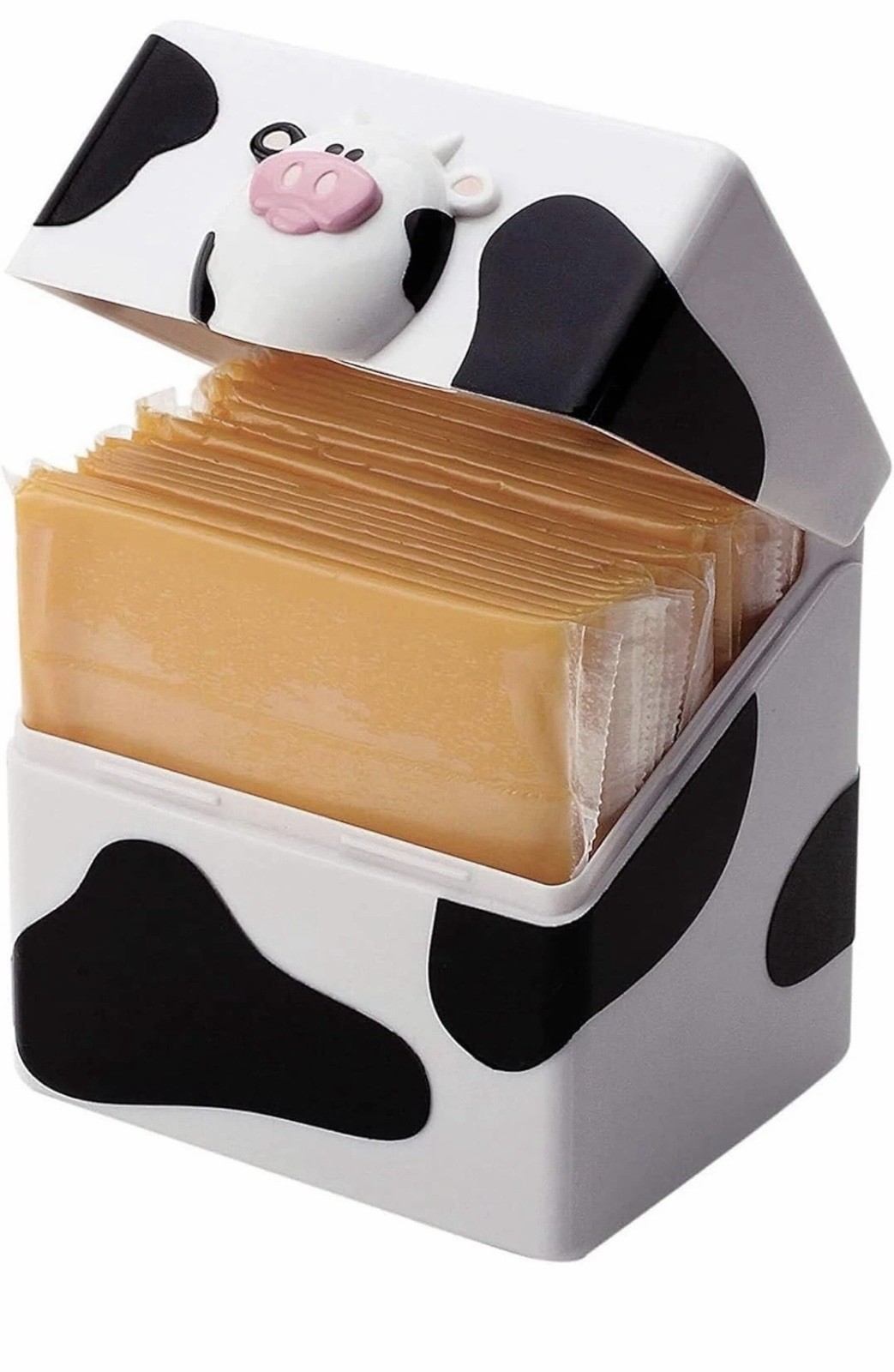 Cow Print Square Plastic Storage Container with Hinged Lid, Black White Pink, 5″