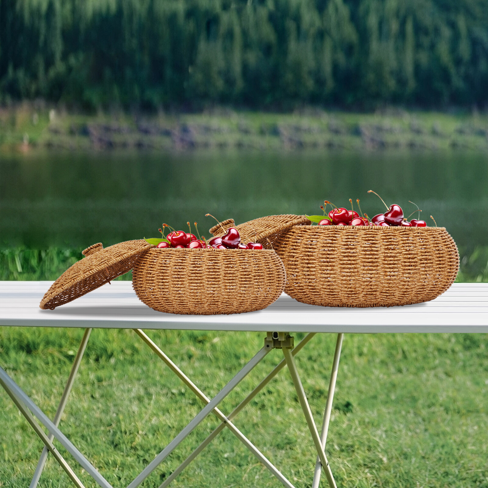 2PCS Vintage Farmhouse Round Hand Woven Storage Basket with Lids for Home