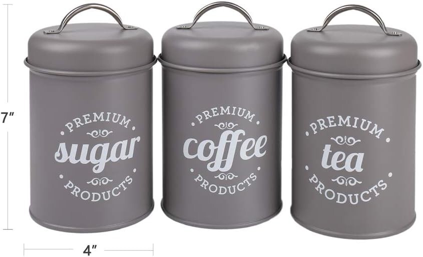 Canister Set of 3 Metal Food Storage Tin /Jar with Lid 4″L x 4″W x 6″H