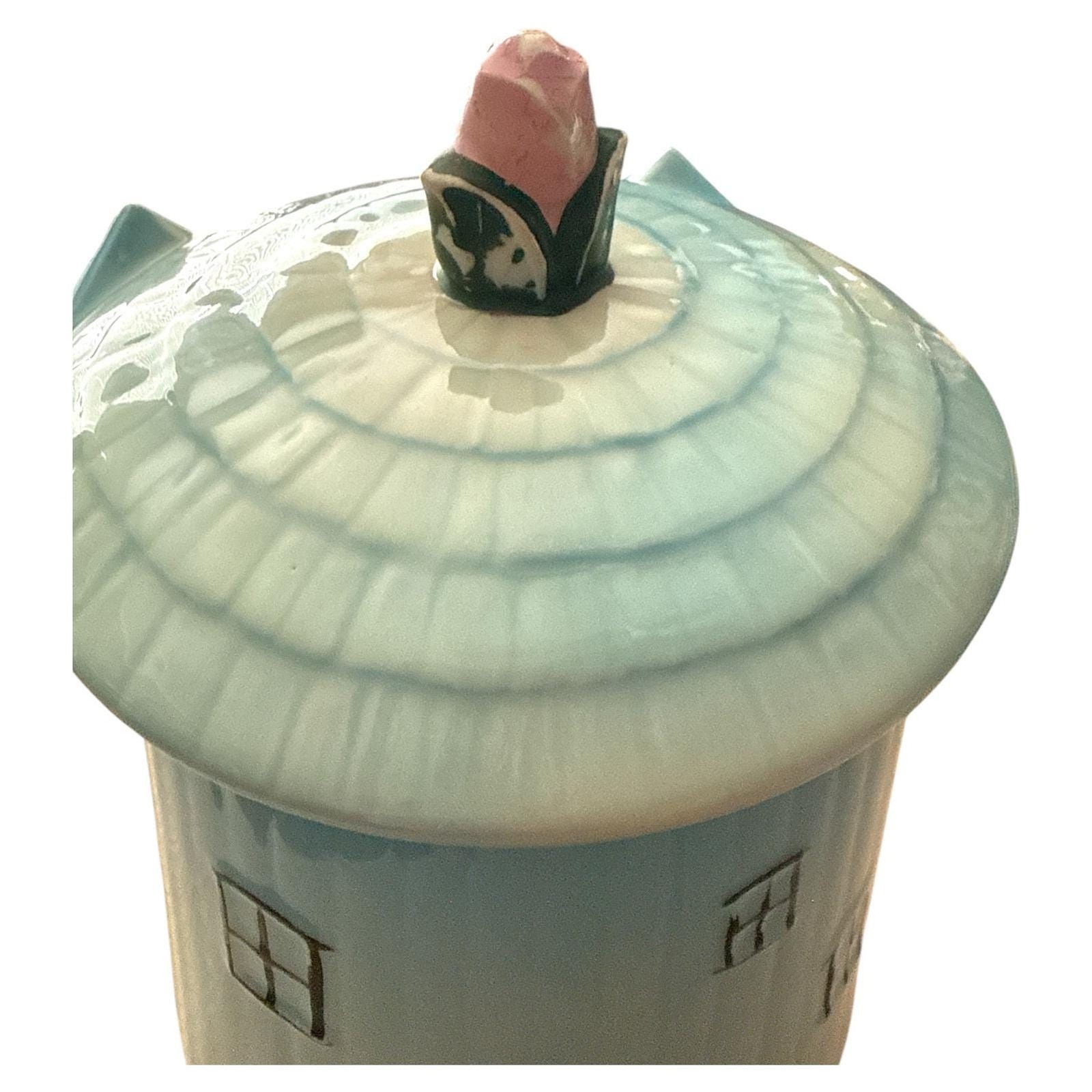 VTG 1960s McCoy Blue Windmill Cookie Jar Pink Rose Lid Farmhouse Kitchen